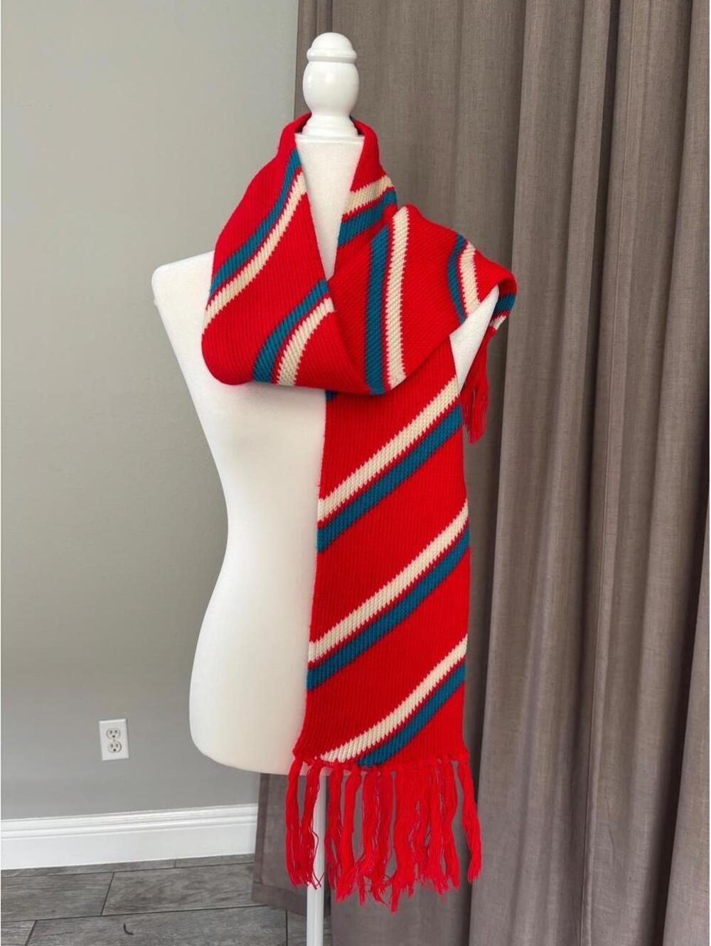 Vintage Red Teal Cream Striped Knit Scarf Fringe 70s 80s